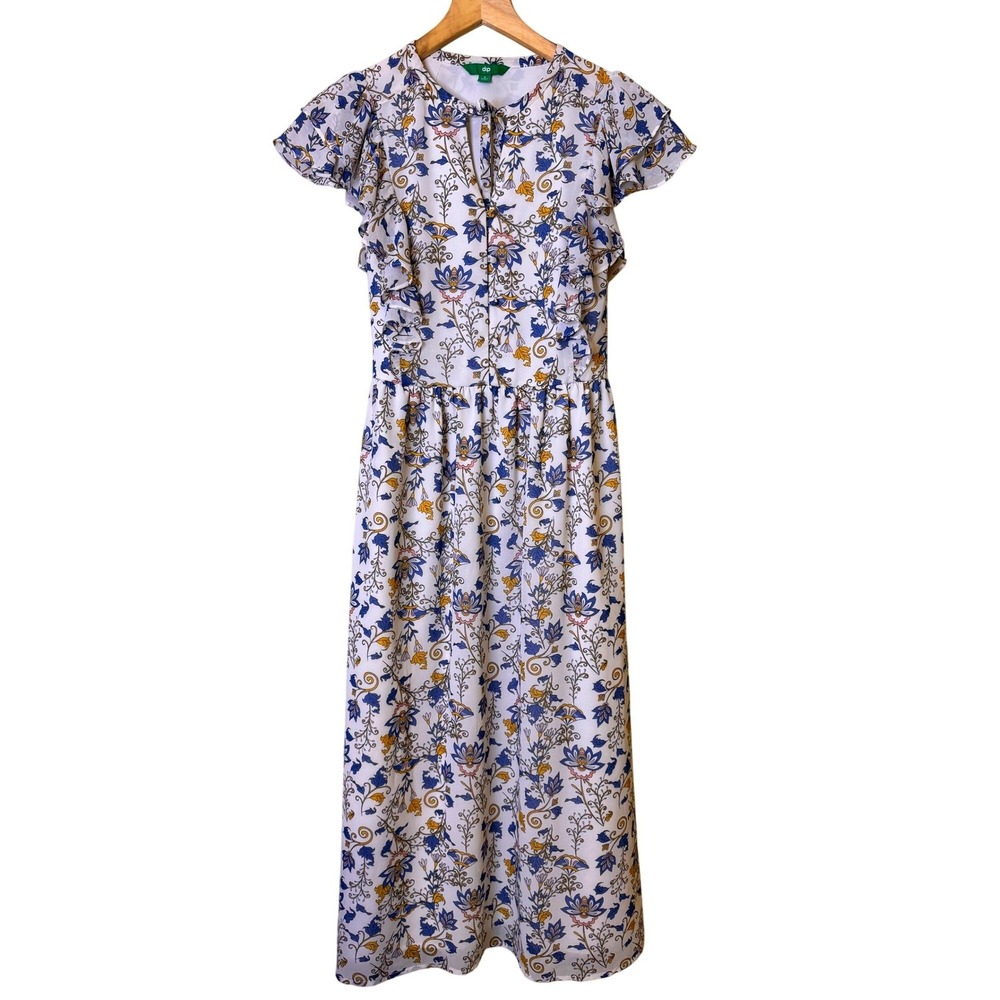 Dip‎ Womens Blue Floral Cottagecore Midi Dress Ruffle Sleeve Tie Back Size Small